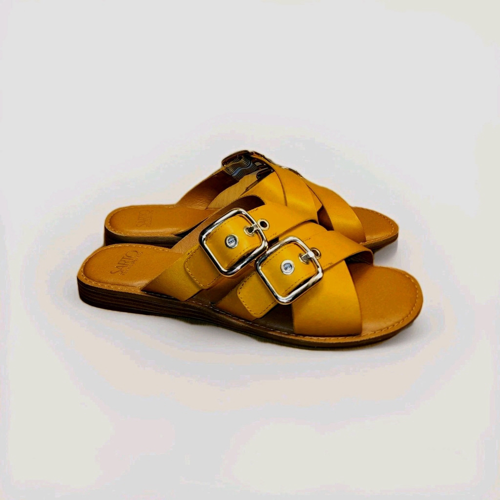 Franco Sarto Women's Honey Yellow Brown LEATHER Belted Sandals SZ 9.5 M - Picture 2 of 11